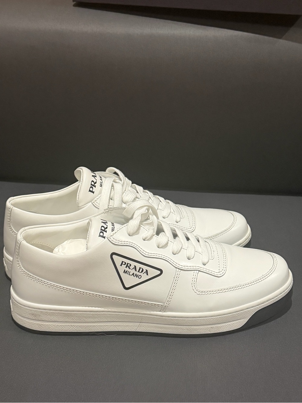 Prada White Leather Low-Top Sneakers with Logo Patch womens sneakers - Picture 12 of 16